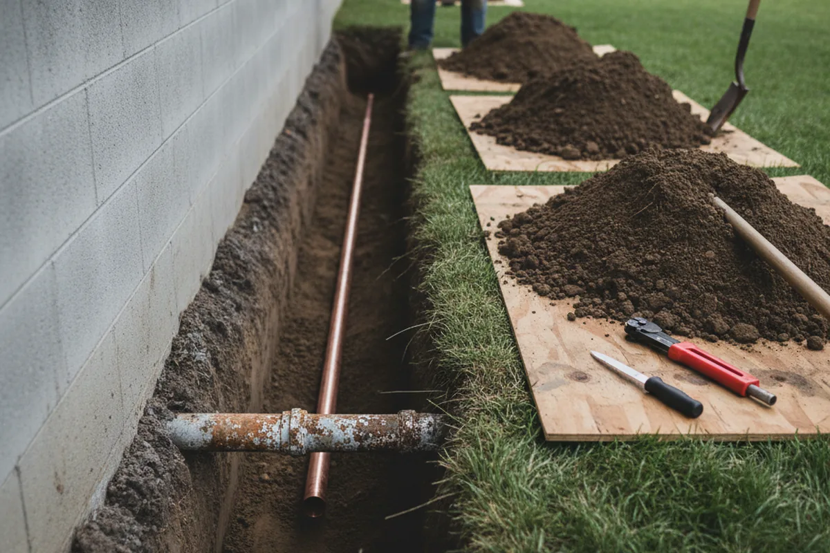 Excavated water line trench during Water Softener Installation in Letcher